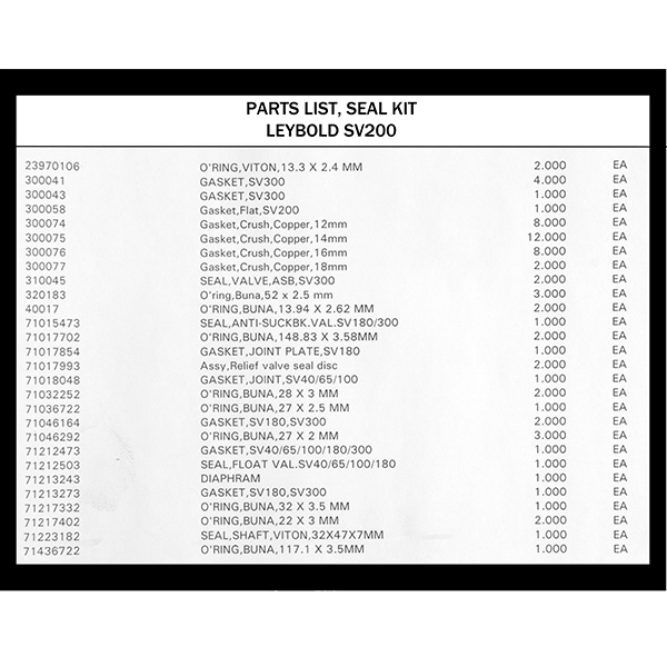 LEYBOLD SV200 parts list